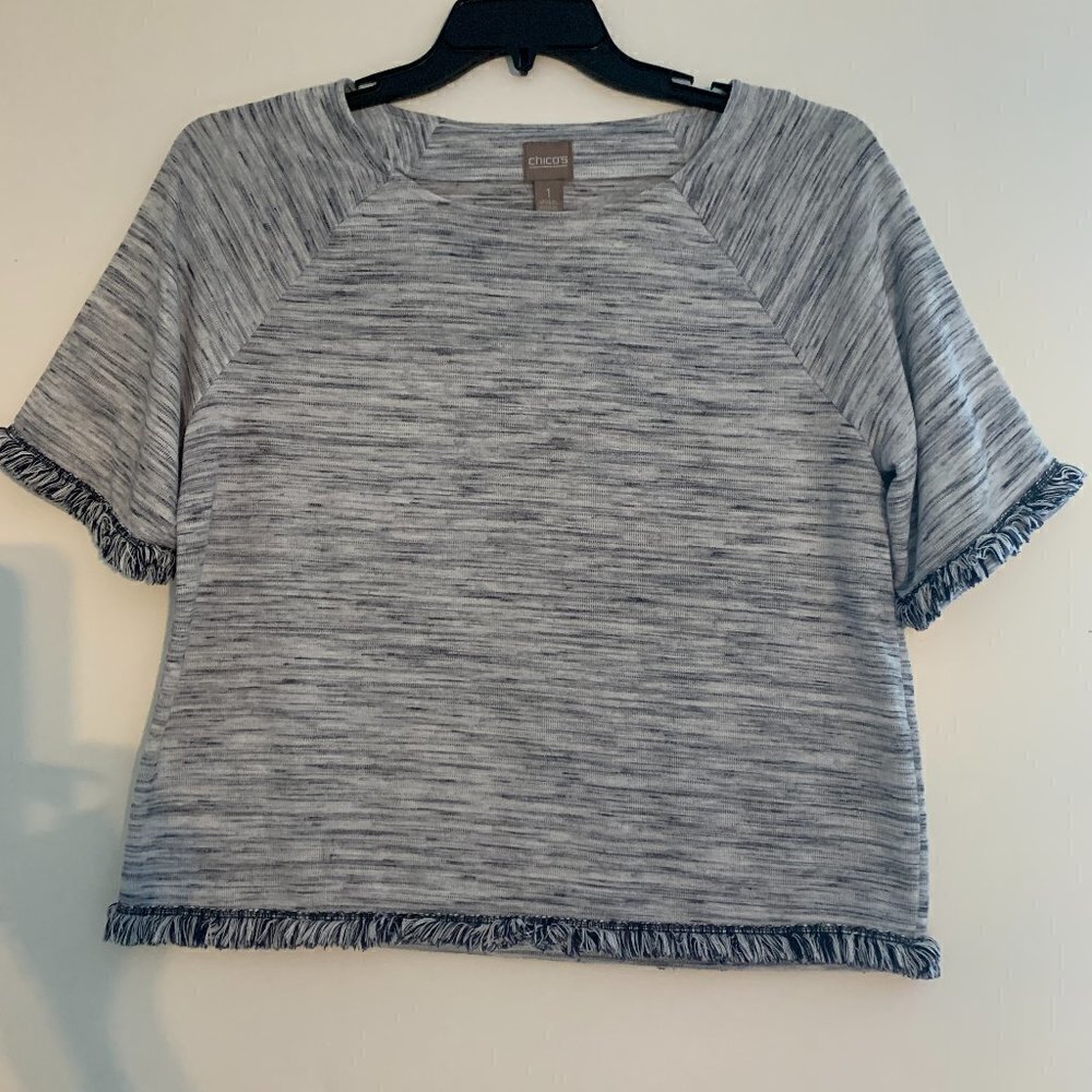 CHICO'S  BLUE FRINGE TRIM TOP, Sz. L, PREOWNED, GOOD CONDITION.